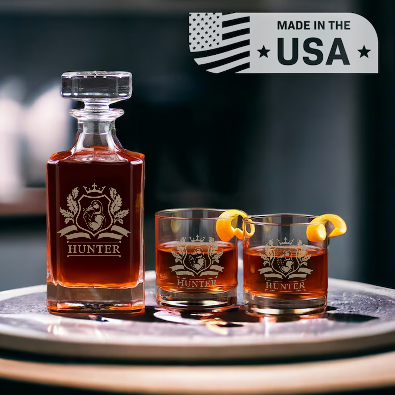 Luxury Hunter’s Whiskey Decanter & Glass Set – Engraved Duck Glassware, Unique Gift for Men & Hunting Lovers