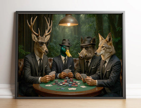 Hunter Animals Playing Poker Canvas - Deer, Duck, Boar & Coyote Poker Print