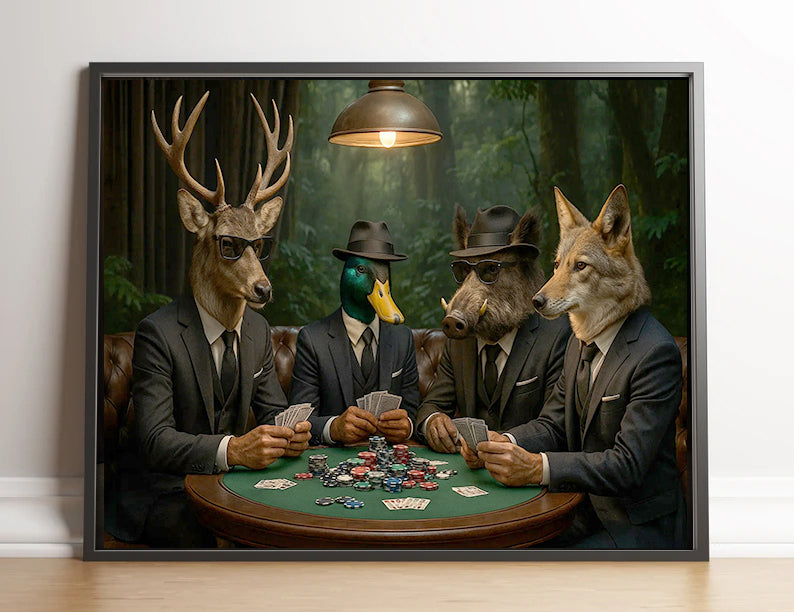 Hunter Animals Playing Poker Canvas - Deer, Duck, Boar & Coyote Poker Print