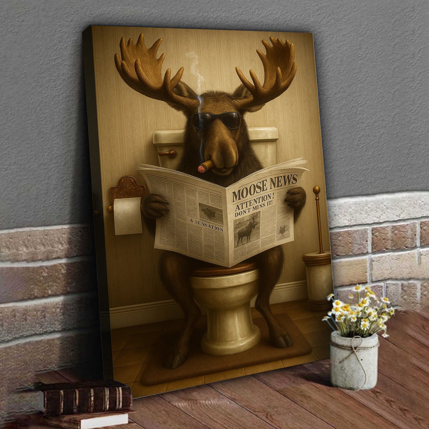 Funny Elk Hunting Lodge Moose Bathroom Canvas Wall Art – Wildlife Animal Poster - Unique Gift for Hunters