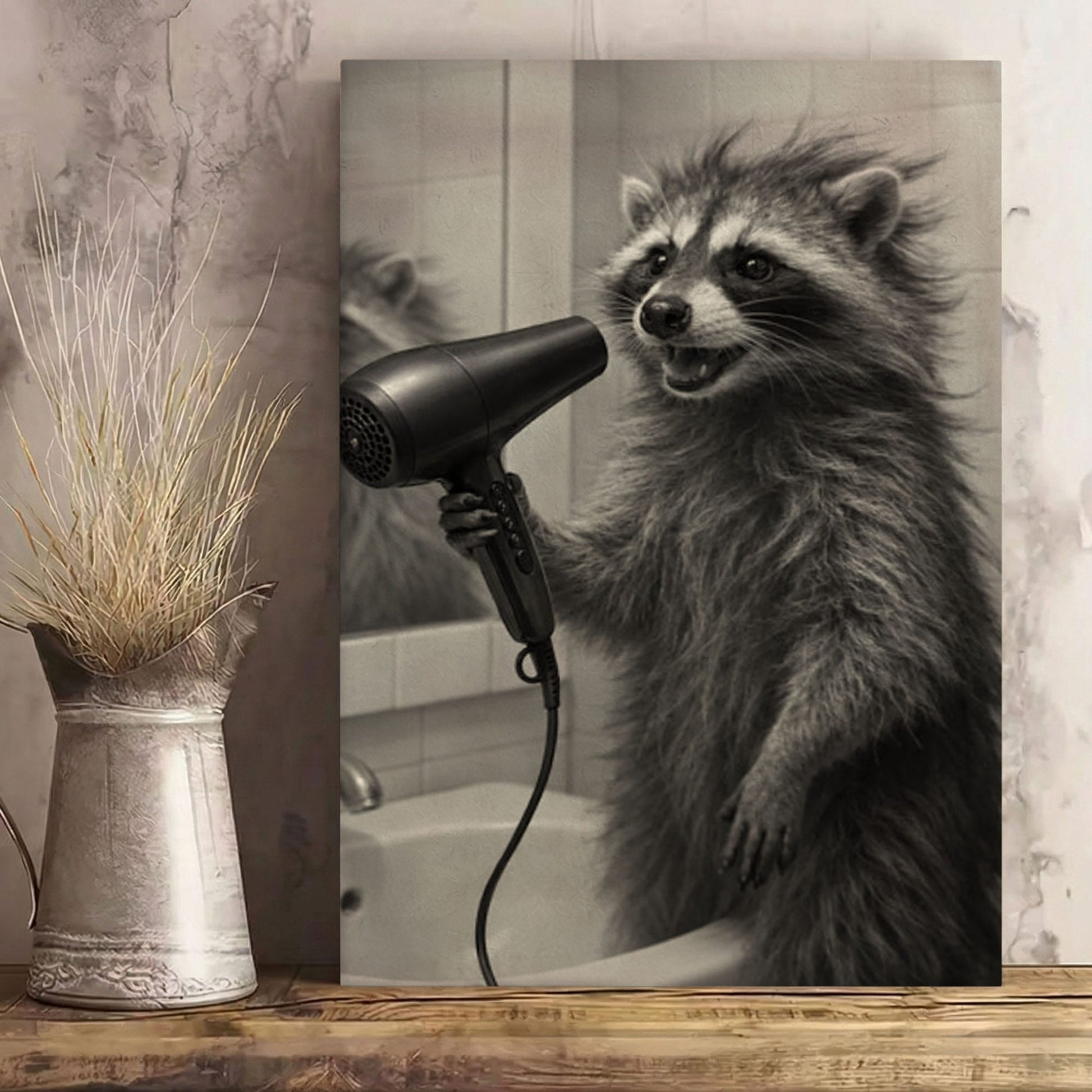 Raccoon Blow Drying Hair – Funny Bathroom Wall Art Print