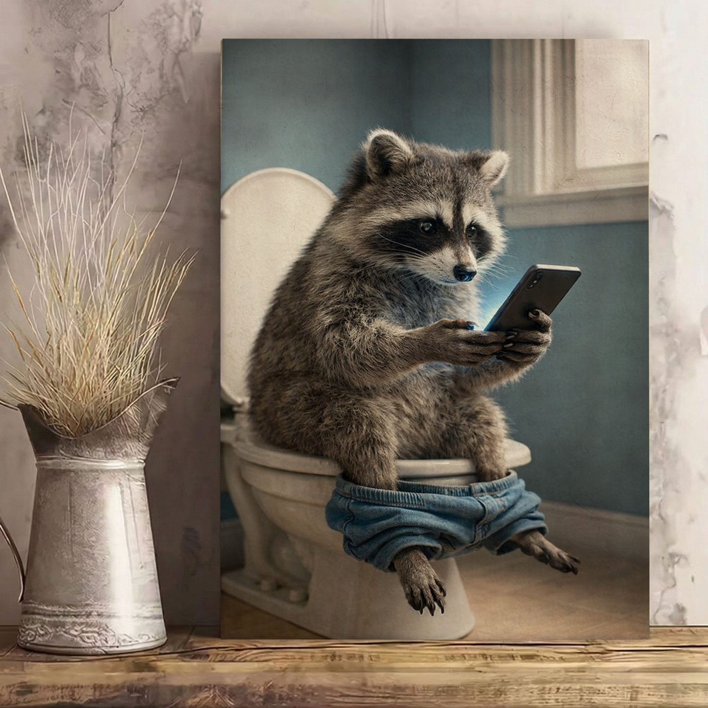 Raccoon Checking Phone – Bathroom Humor Animal Art