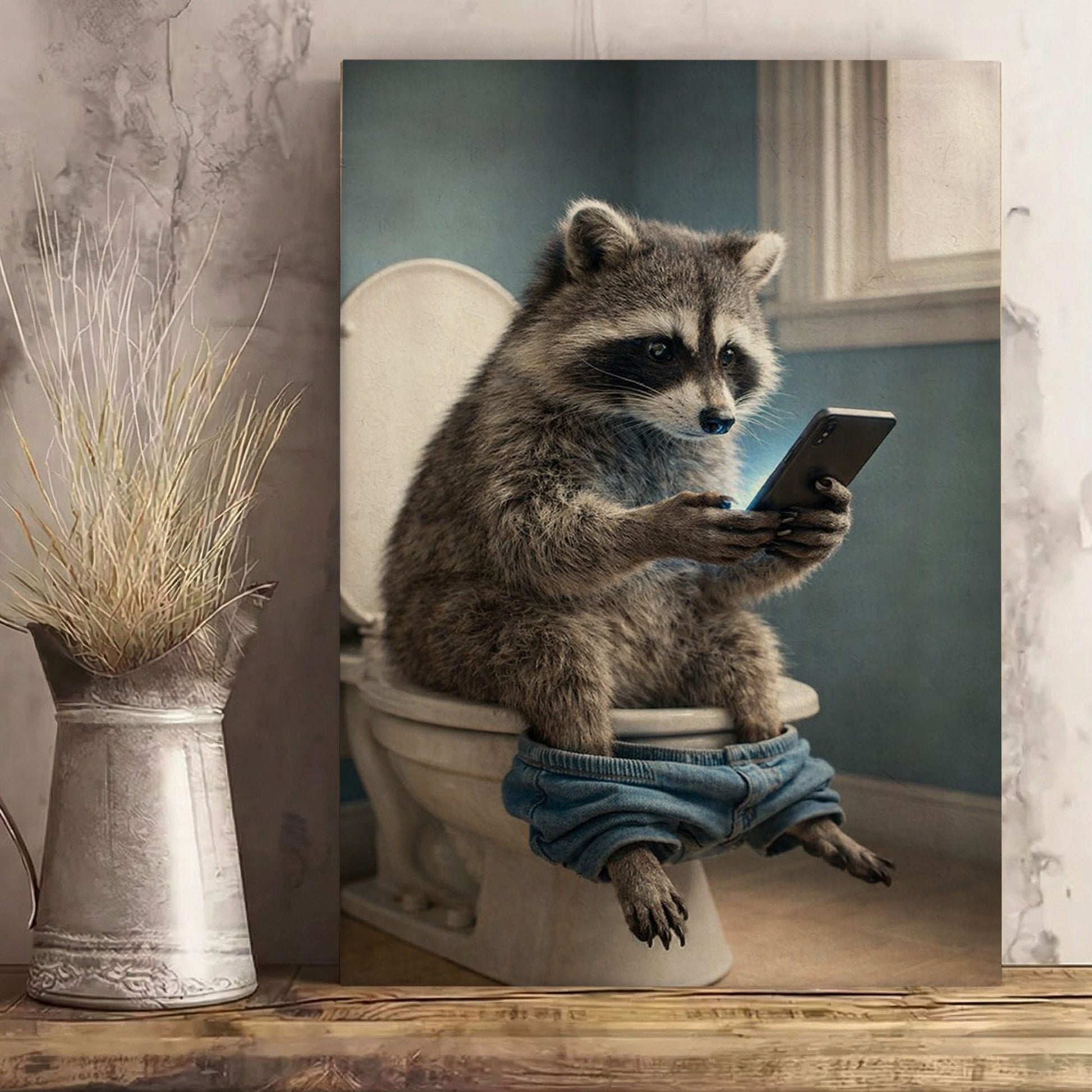 Raccoon Checking Phone – Bathroom Humor Animal Art