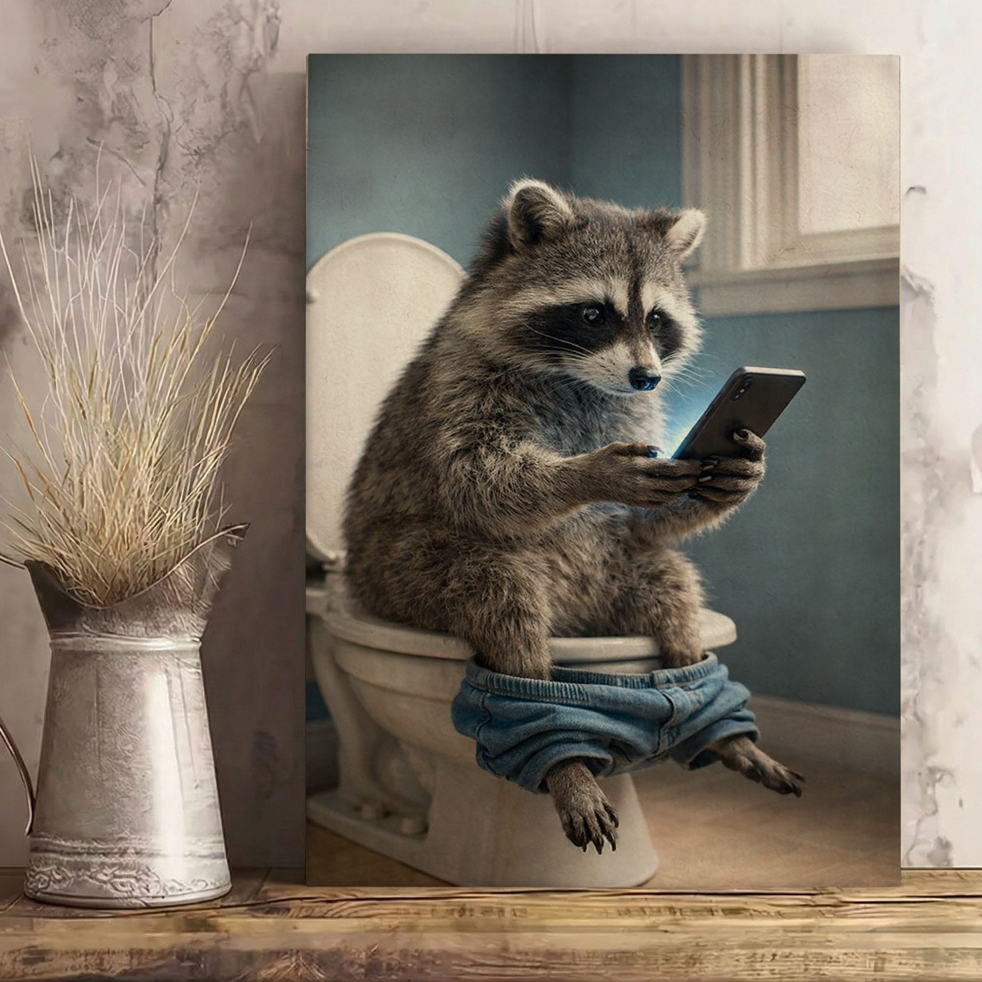 Raccoon Checking Phone – Bathroom Humor Animal Art