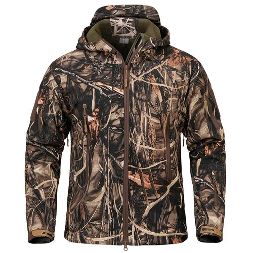 Men Silent Camouflage Hunting Jacket Soft Shell Outdoor Hiking Fishing Hooded Coat Waterproof Fleece Tactical Jackets