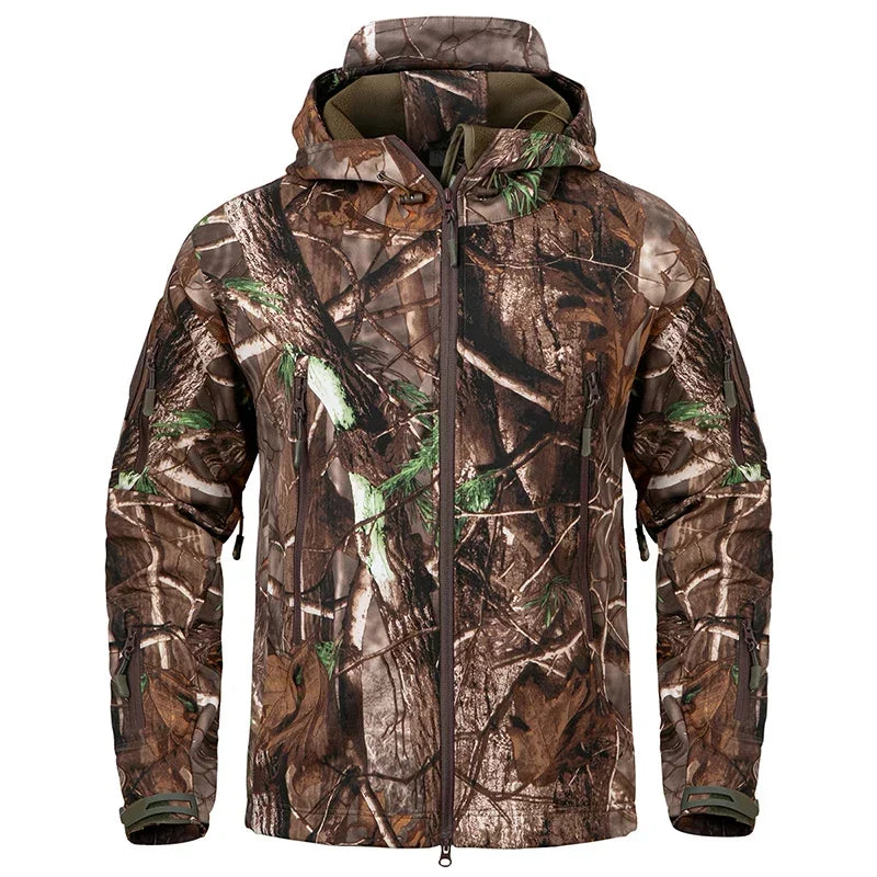 Men Silent Camouflage Hunting Jacket Soft Shell Outdoor Hiking Fishing Hooded Coat Waterproof Fleece Tactical Jackets
