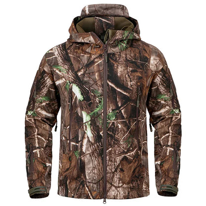 Men Silent Camouflage Hunting Jacket Soft Shell Outdoor Hiking Fishing Hooded Coat Waterproof Fleece Tactical Jackets