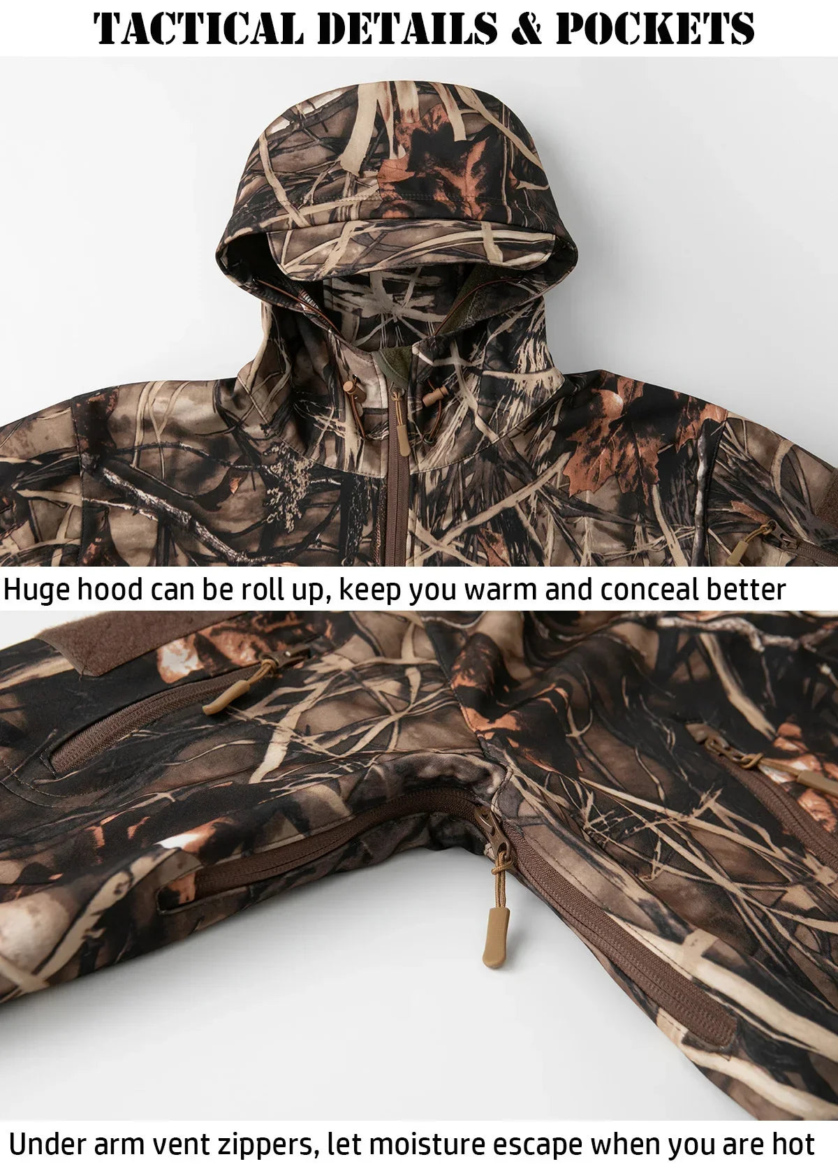Men Silent Camouflage Hunting Jacket Soft Shell Outdoor Hiking Fishing Hooded Coat Waterproof Fleece Tactical Jackets