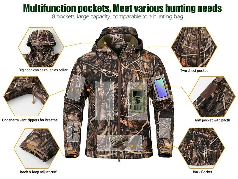 Men Silent Camouflage Hunting Jacket Soft Shell Outdoor Hiking Fishing Hooded Coat Waterproof Fleece Tactical Jackets