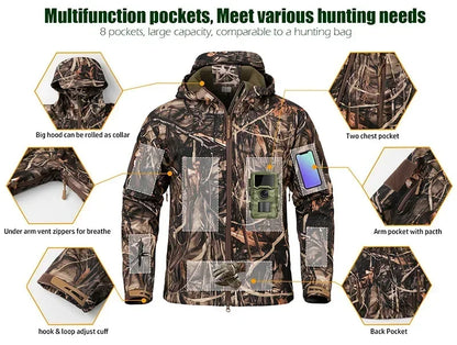 Men Silent Camouflage Hunting Jacket Soft Shell Outdoor Hiking Fishing Hooded Coat Waterproof Fleece Tactical Jackets