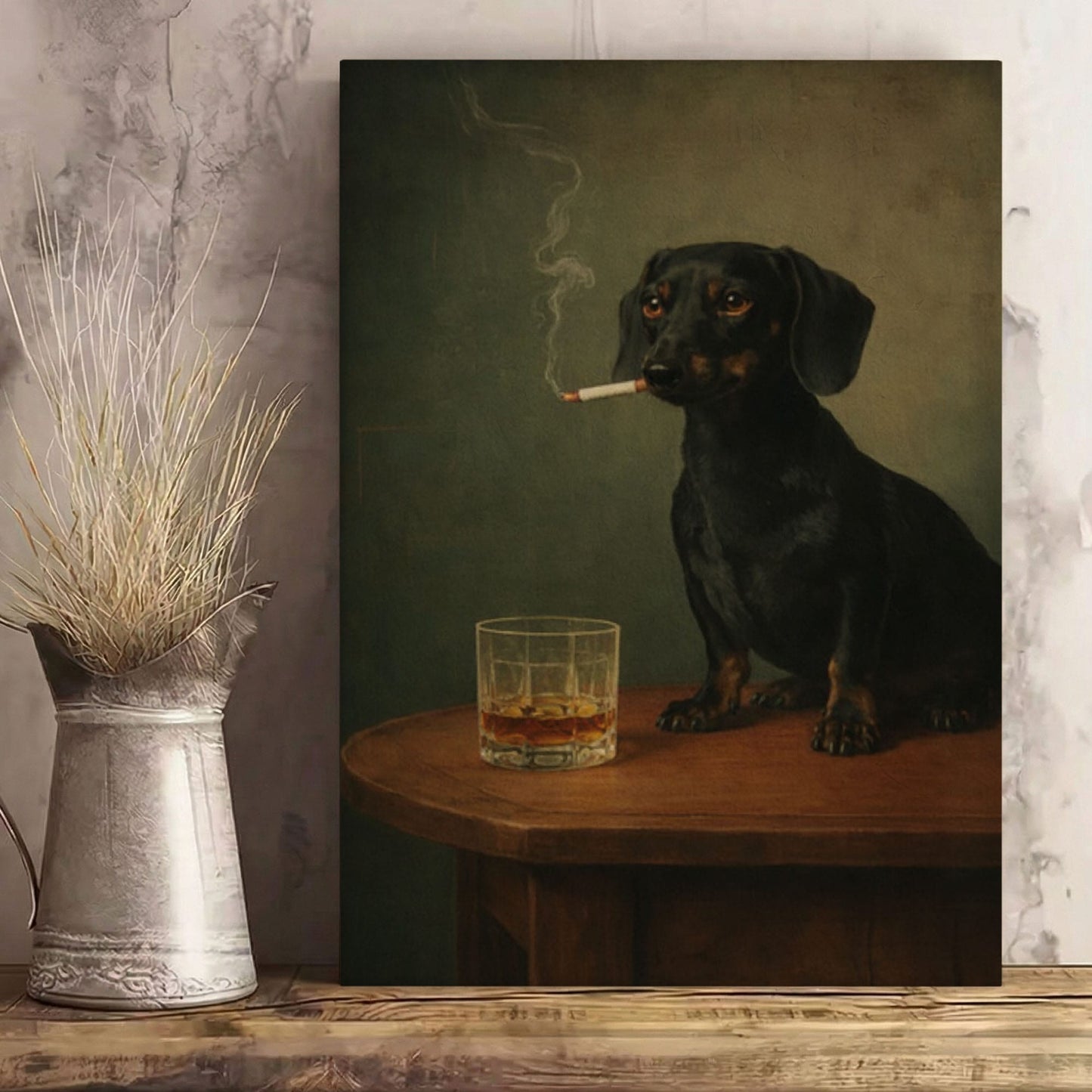 Sad Dog with Whiskey Canvas Wall Art