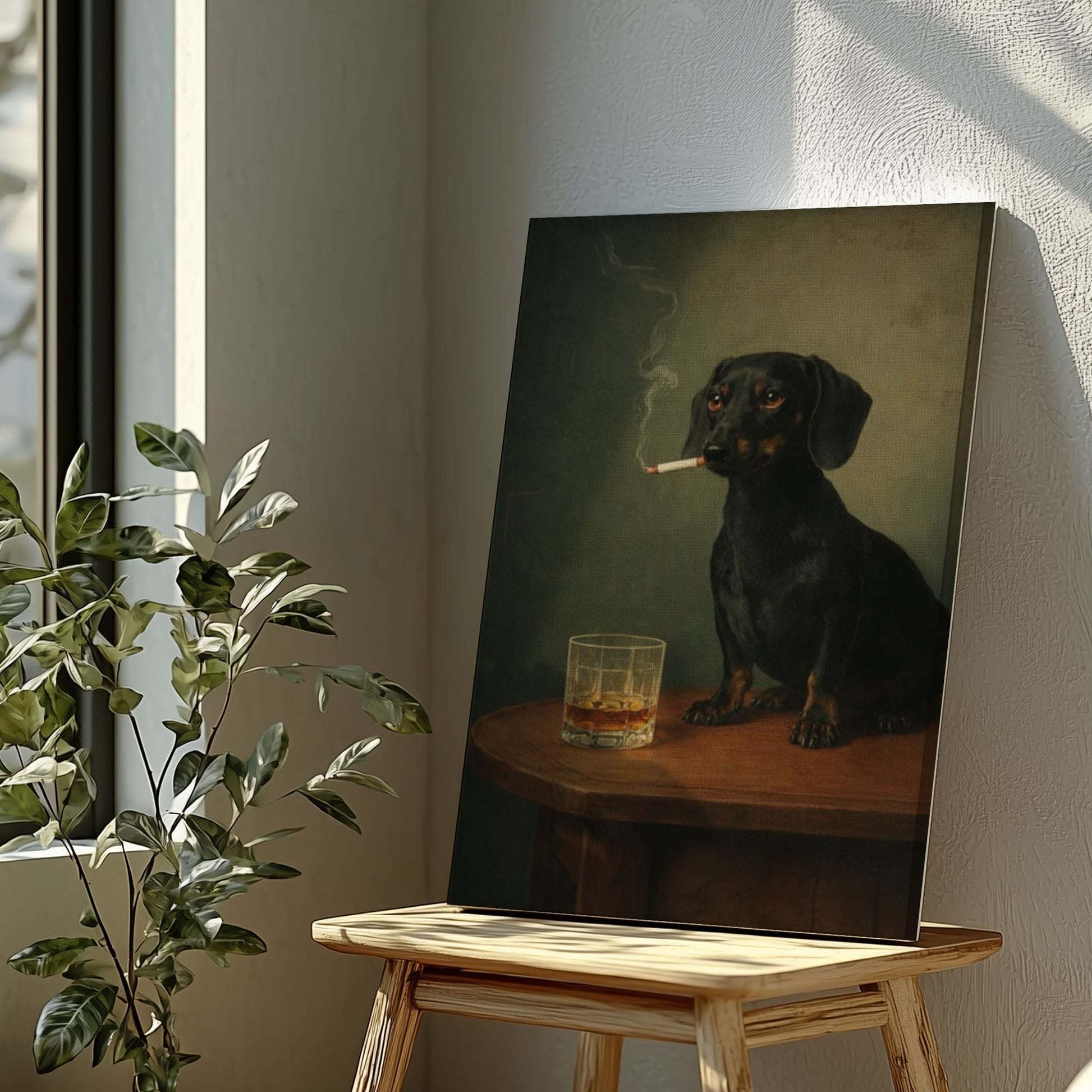 Sad Dog with Whiskey Canvas Wall Art