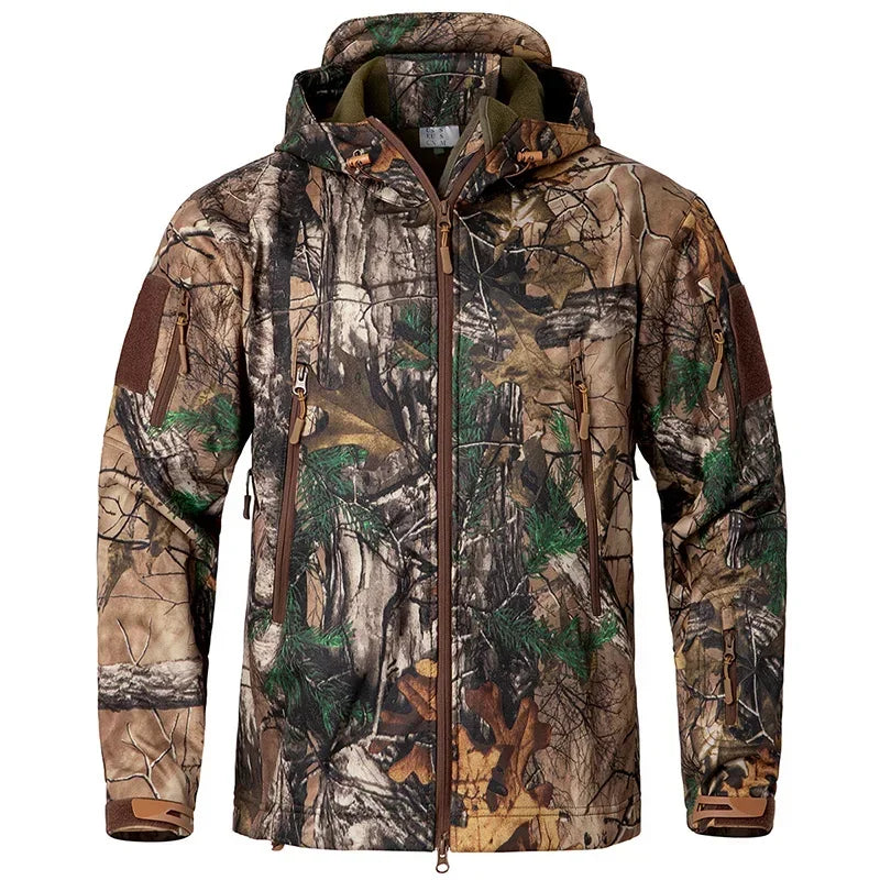 Men Silent Camouflage Hunting Jacket Soft Shell Outdoor Hiking Fishing Hooded Coat Waterproof Fleece Tactical Jackets