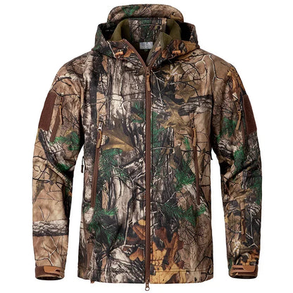 Men Silent Camouflage Hunting Jacket Soft Shell Outdoor Hiking Fishing Hooded Coat Waterproof Fleece Tactical Jackets