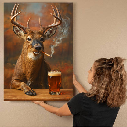 Smoking Deer with Cocktail Glasses Canvas – Funny Hunting Wall Art for Man Caves