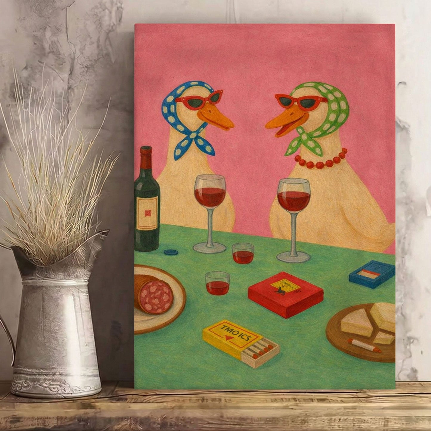 Two Ducks Wine Night – Playful Animal Art Print