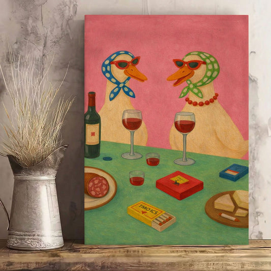Two Ducks Wine Night – Playful Animal Art Print