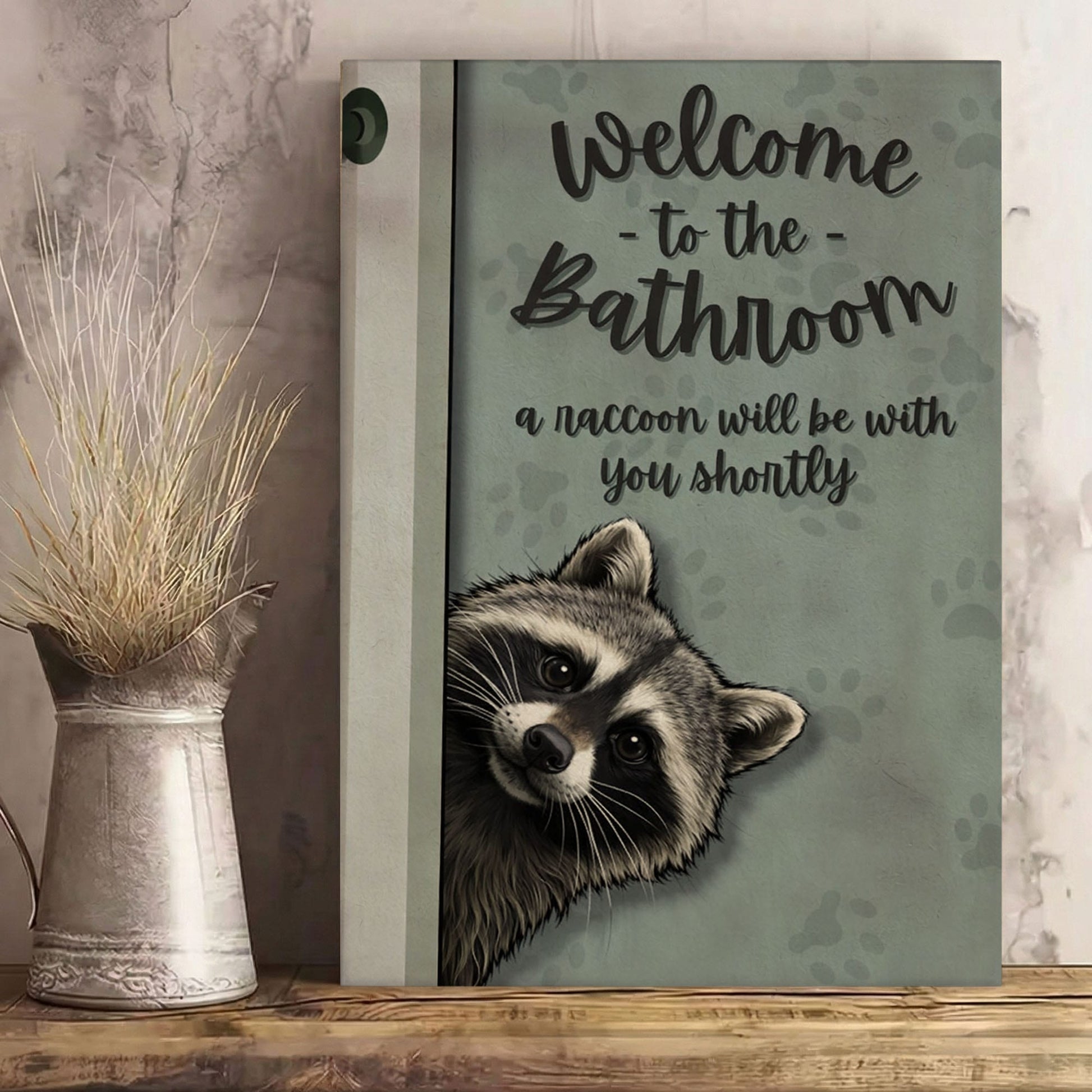 Welcome to the Bathroom Raccoon Wall Art Canvas