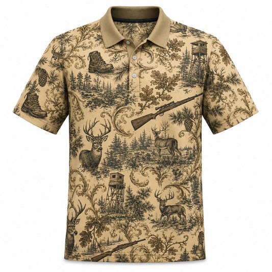 Deer & Rifle Toile Hunting Dad Polo Shirt  VCP1002