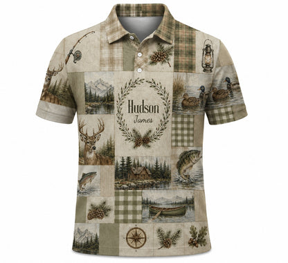 Personalized Hunting & Fishing Patchwork Polo Shirt VCP1006