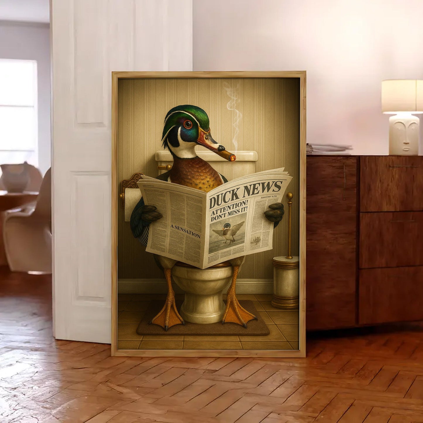 Funny Wood Duck Read Newspaper Bathroom Canvas – Hunting Wildlife Animal Canvas