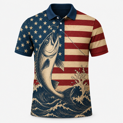 Fish Jumping American Flag Polo Shirt VCP1046