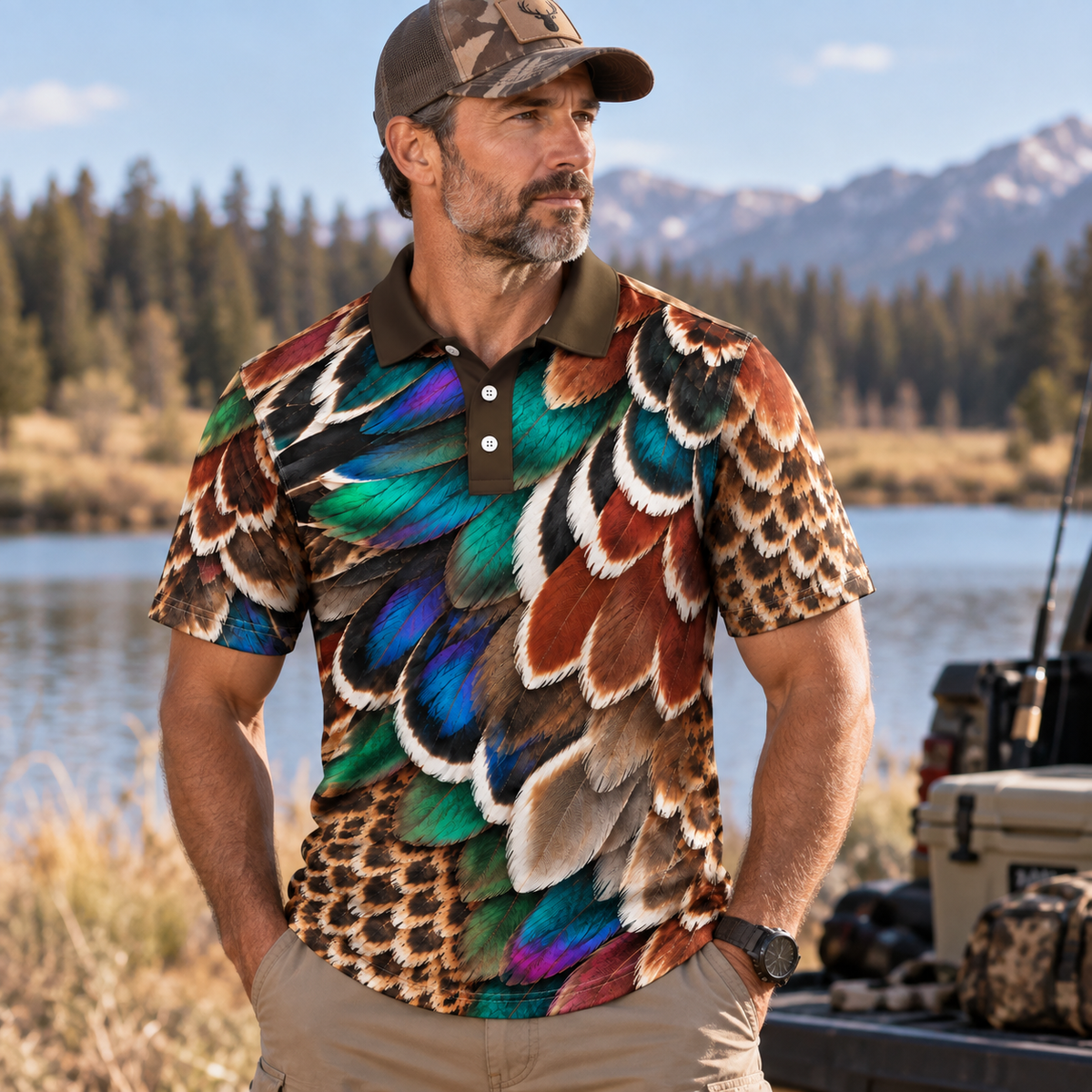 Wood Duck feather pattern Polo Shirt VCE051030