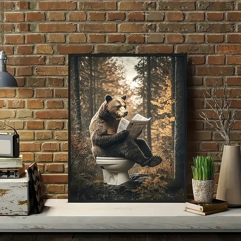 Bear Reading Newspaper Toilet Framed Canvas