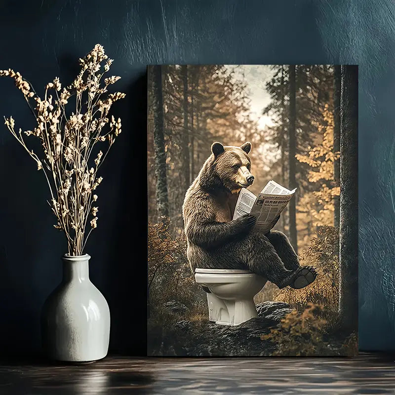 Bear Reading Newspaper Toilet Framed Canvas