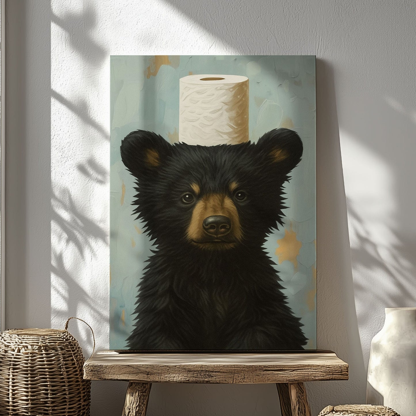 Toilet Paper Bear Canvas funny Bathroom Wall Art