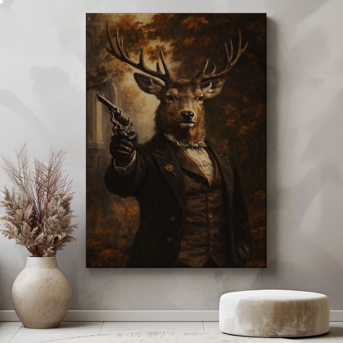 Victorian Deer Gentleman with Gun Canvas Wall Art