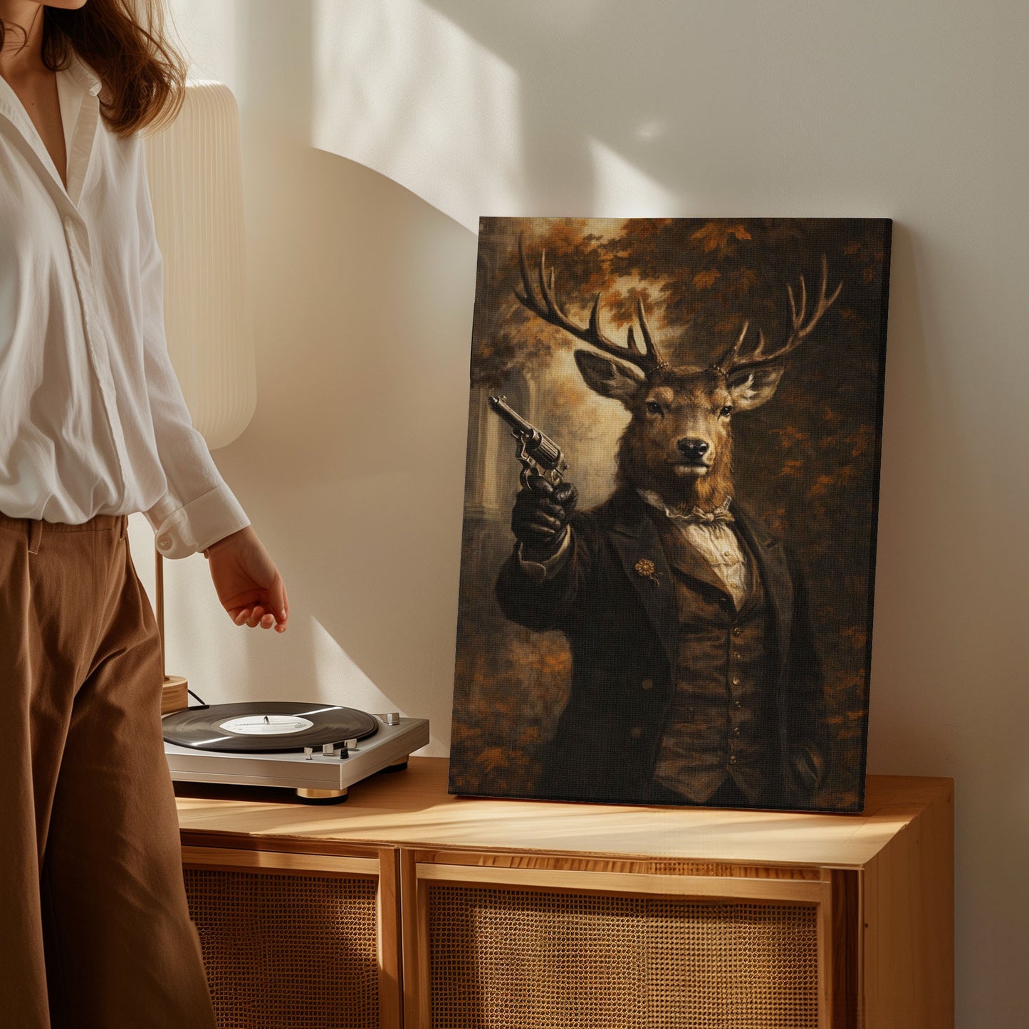 Victorian Deer Gentleman with Gun Canvas Wall Art