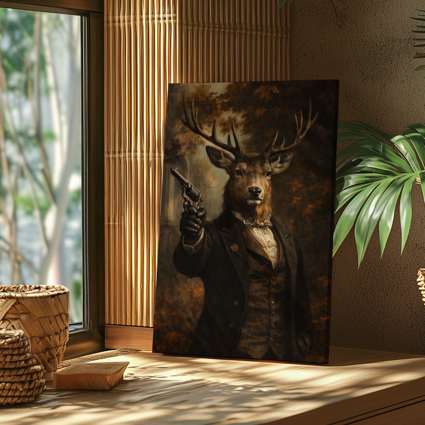 Victorian Deer Gentleman with Gun Canvas Wall Art