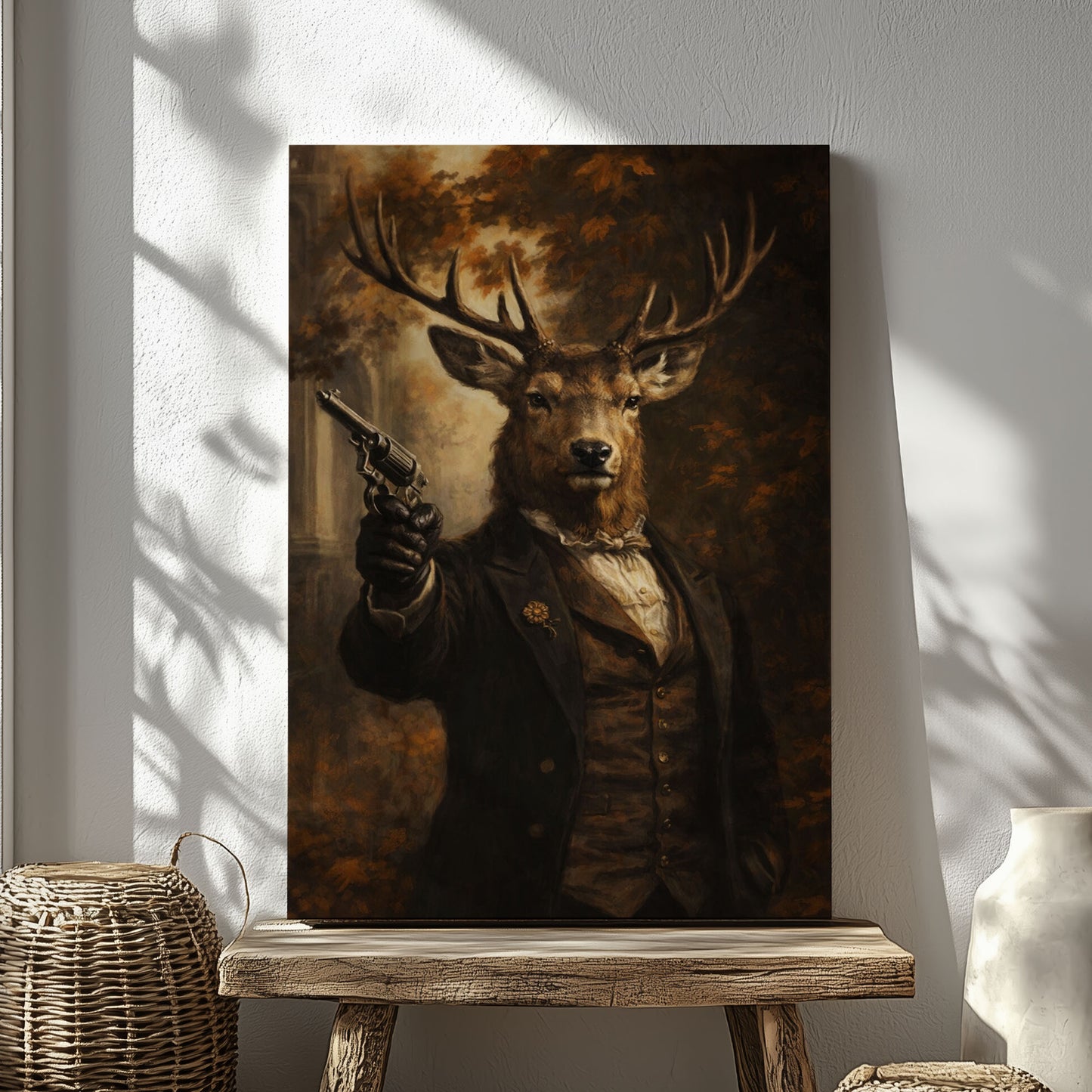 Victorian Deer Gentleman with Gun Canvas Wall Art