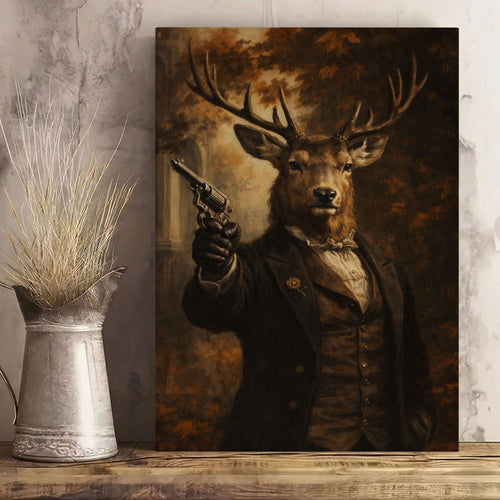 Victorian Deer Gentleman with Gun Canvas Wall Art