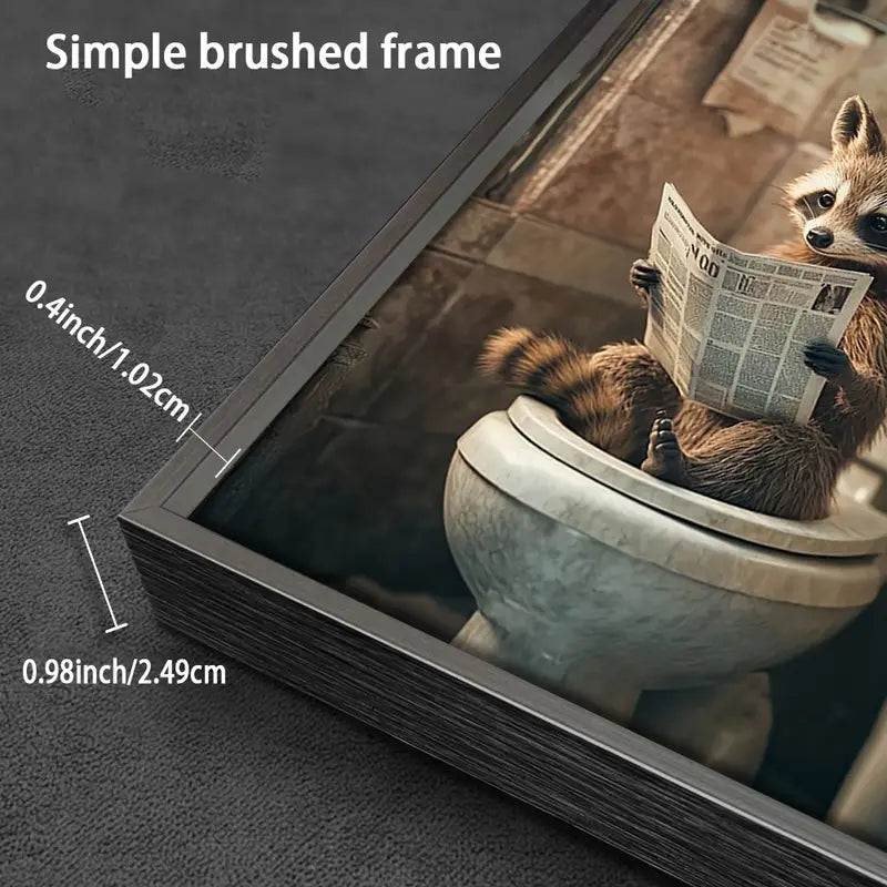 Raccoon Reading Newspapers on Toilet Framed Canvas