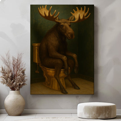 Moose on Toilet Artwork Wall Art Funny Bathroom Decor Canvas