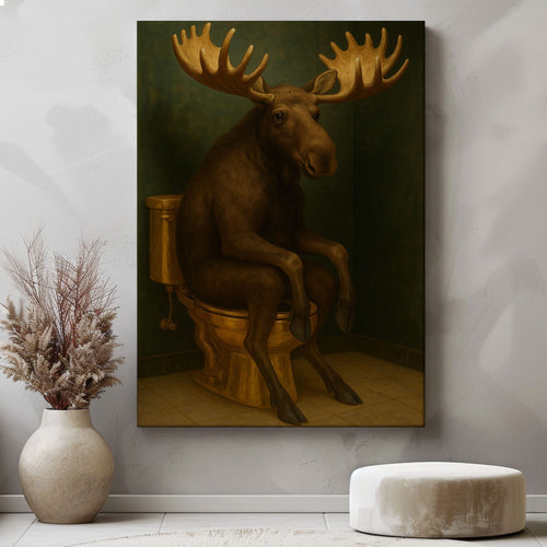 Moose on Toilet Artwork Wall Art Funny Bathroom Decor Canvas