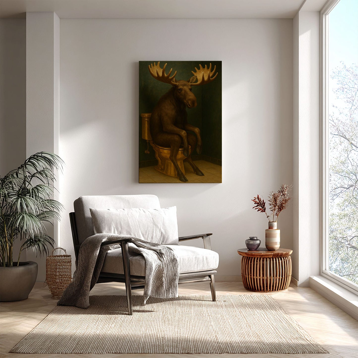 Moose on Toilet Artwork Wall Art Funny Bathroom Decor Canvas