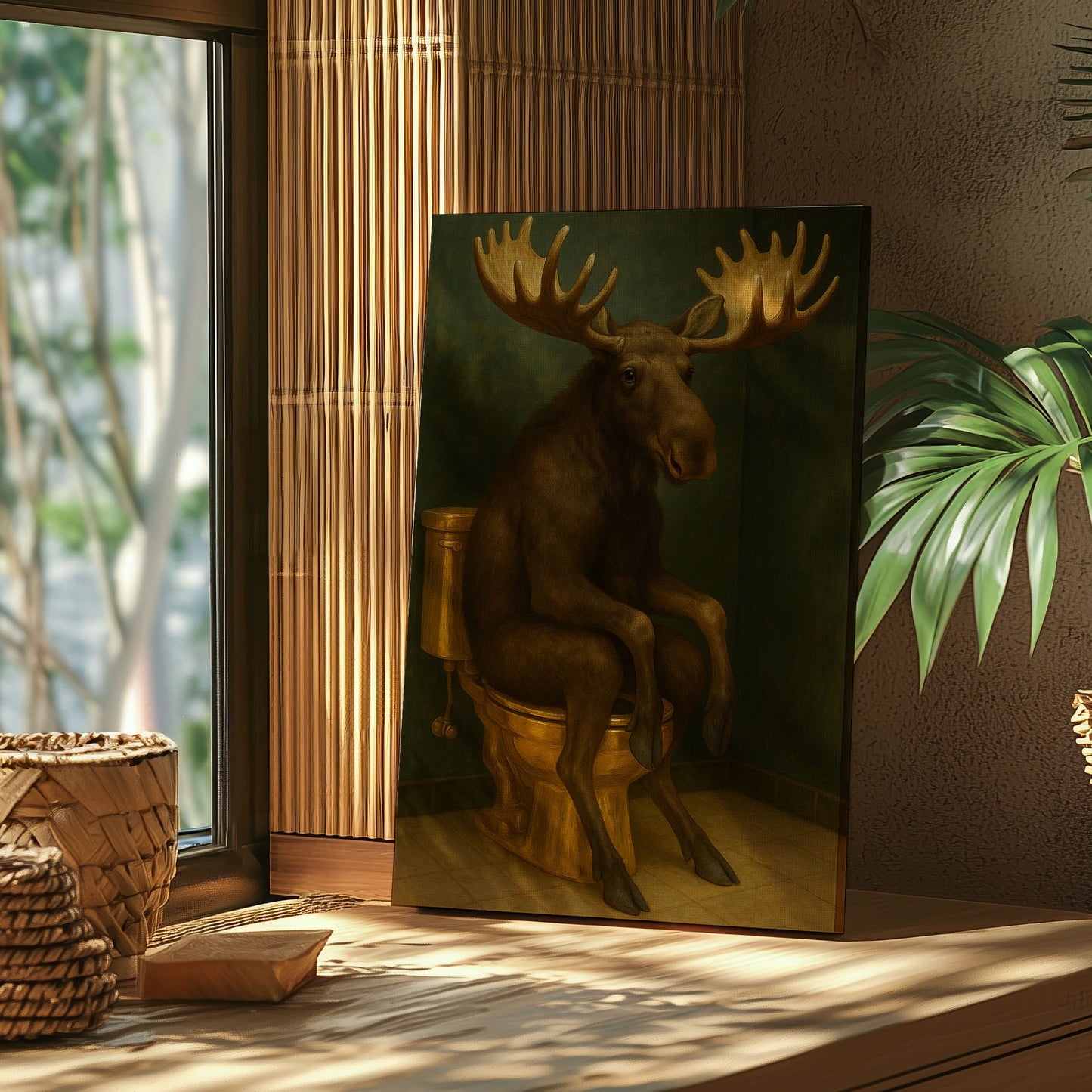 Moose on Toilet Artwork Wall Art Funny Bathroom Decor Canvas