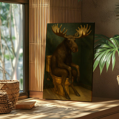 Moose on Toilet Artwork Wall Art Funny Bathroom Decor Canvas