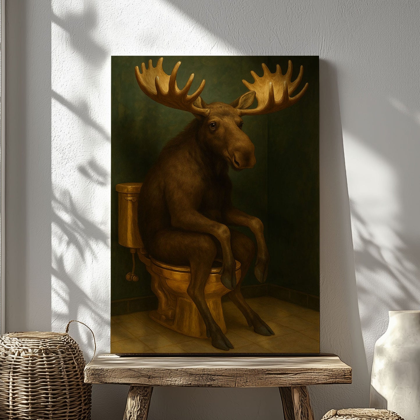 Moose on Toilet Artwork Wall Art Funny Bathroom Decor Canvas