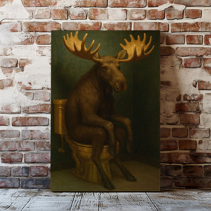 Moose on Toilet Artwork Wall Art Funny Bathroom Decor Canvas