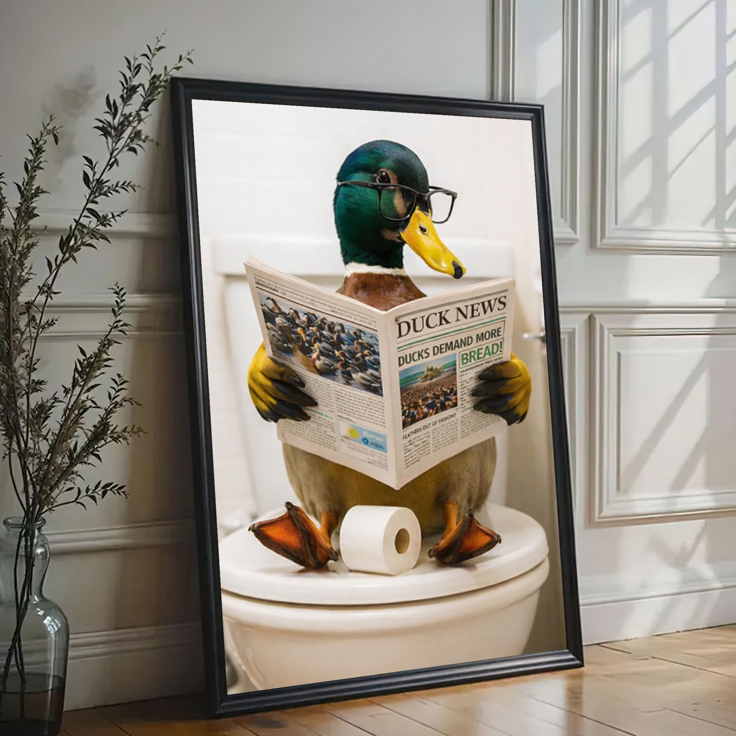 Duck Reading Newspaper Print Bathroom Wall Art