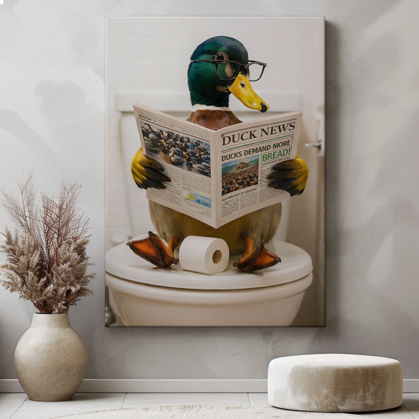 Duck Reading Newspaper Print Bathroom Wall Art
