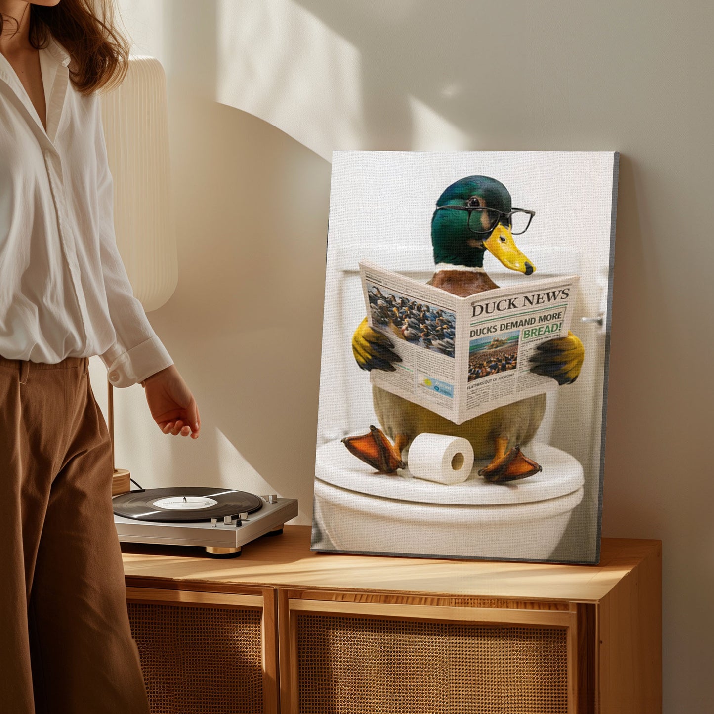 Duck Reading Newspaper Print Bathroom Wall Art