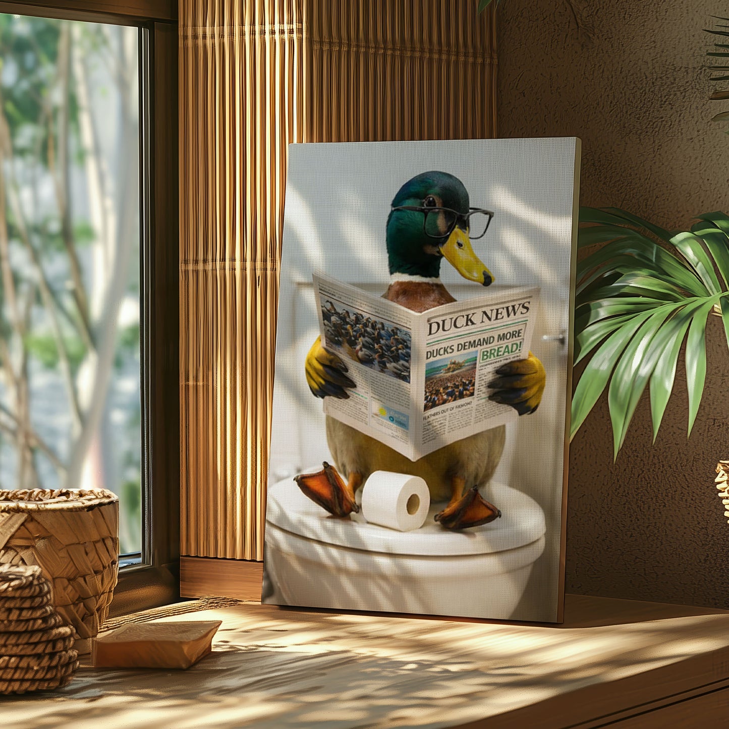 Duck Reading Newspaper Print Bathroom Wall Art