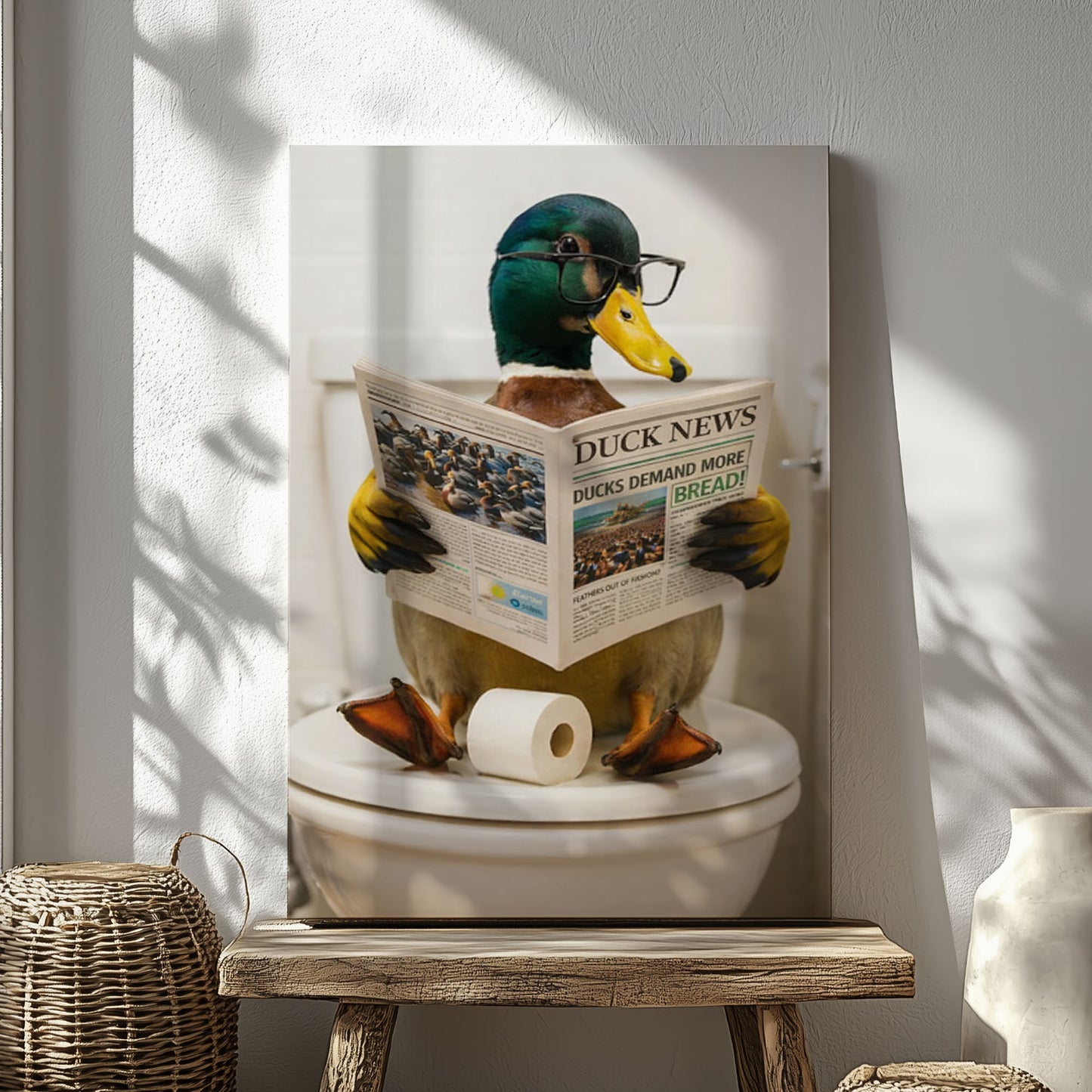 Duck Reading Newspaper Print Bathroom Wall Art