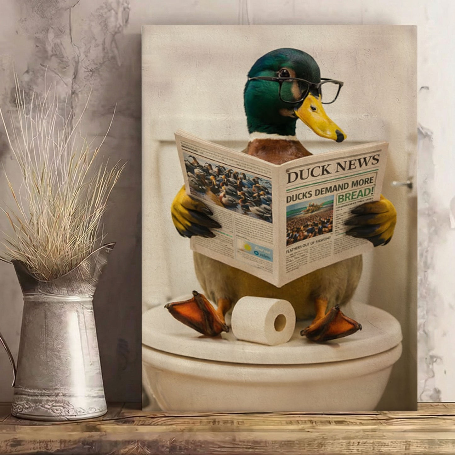 Duck Reading Newspaper Print Bathroom Wall Art