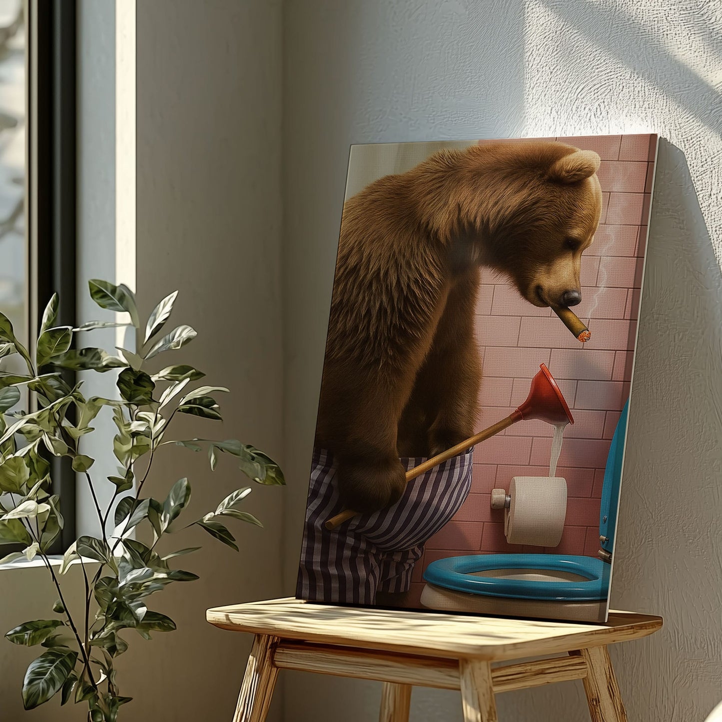 Cigar Bear Plunger Canvas Hilarious Bathroom Wall Art